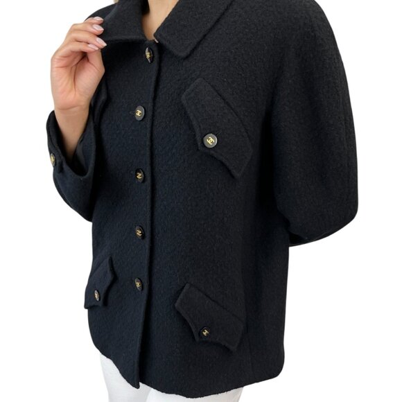 CHANEL Vintage 95A CC Mark Logo Jacket #38 Mohair Wool Black Gold [106212] - Picture 2 of 12